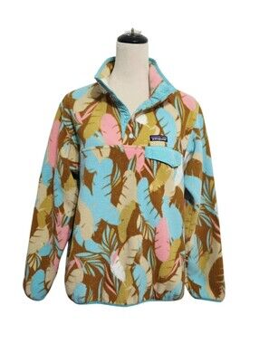 Patagonia Synchilla Snap T Fleece Pullover Women L Tropical Floral Feather Dance